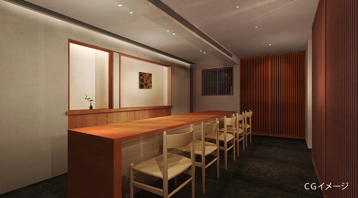 京都市東山区 店舗完成CGイメージ。無垢カウンター格子建具など