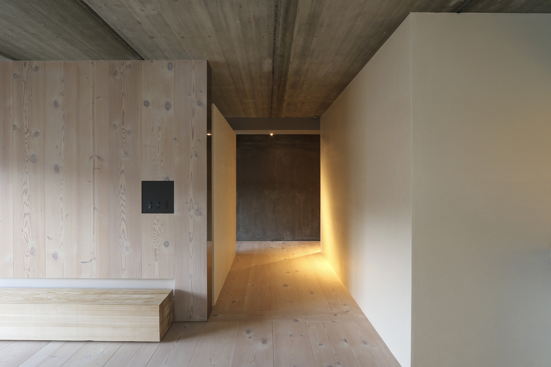 左官モルタルの壁 漆喰の壁 木の壁 無垢の床 ミニマルデザイン空間
